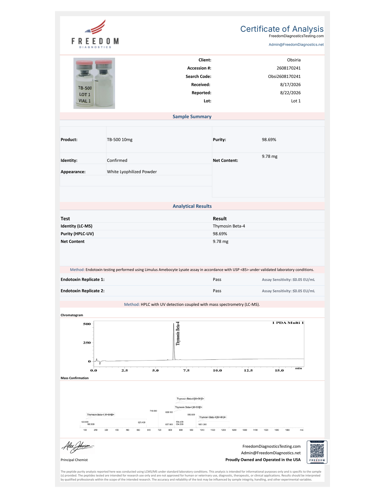 Freedom Diagnostics certificate of analysis, lot T-1 · July 2026
