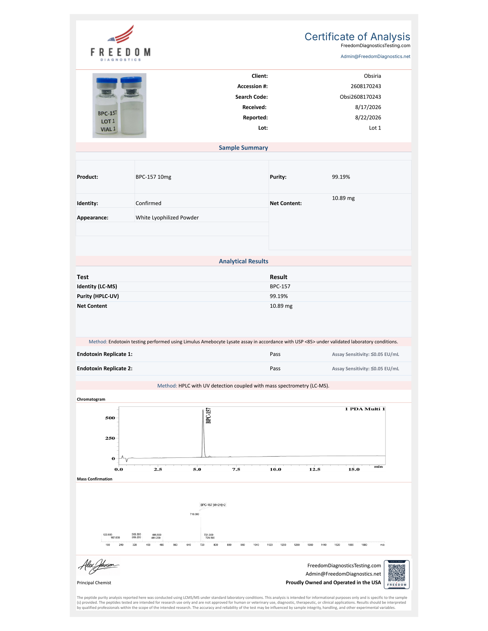 Freedom Diagnostics certificate of analysis, lot B-1 · July 2026