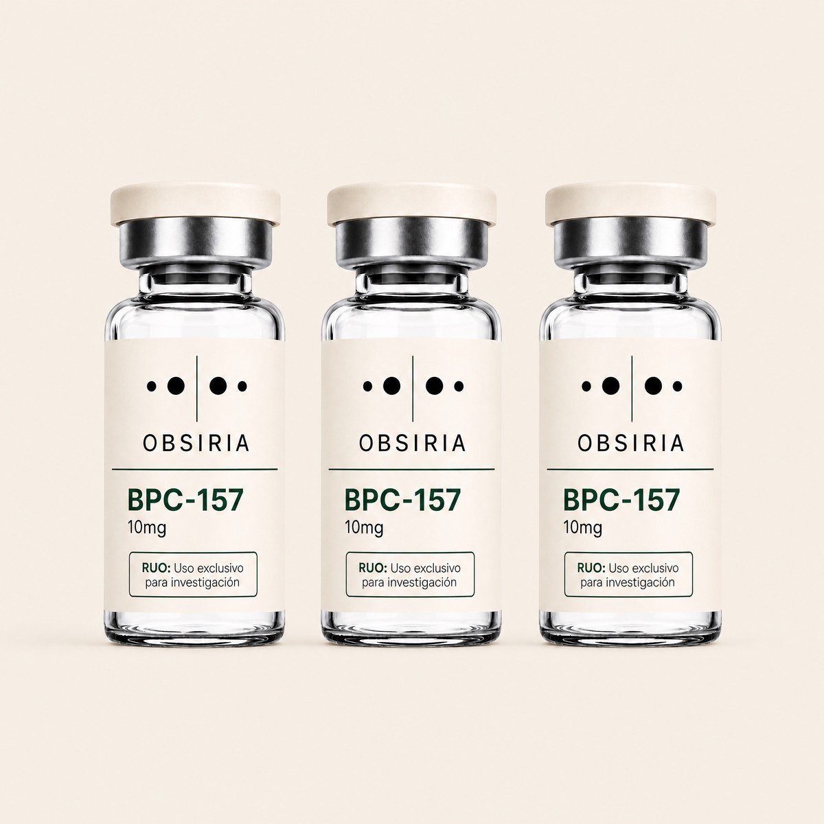 BPC-157 10mg — presentación de 3 viales, producto de investigación OBSIRIA