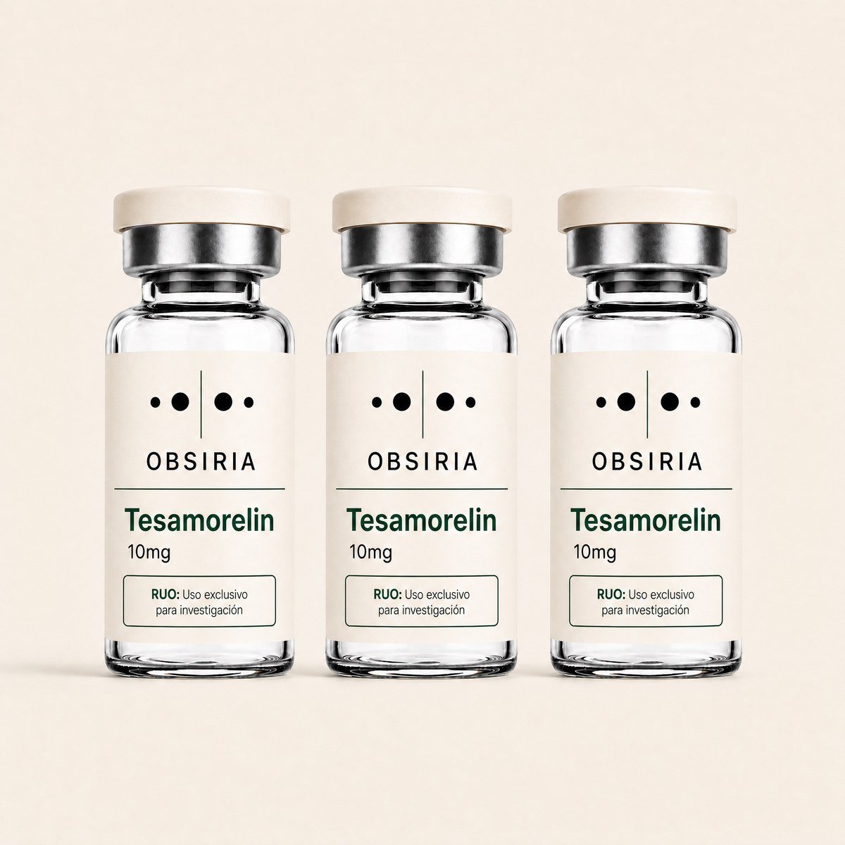 Tesamorelina 10mg — presentación de 3 viales, producto de investigación OBSIRIA