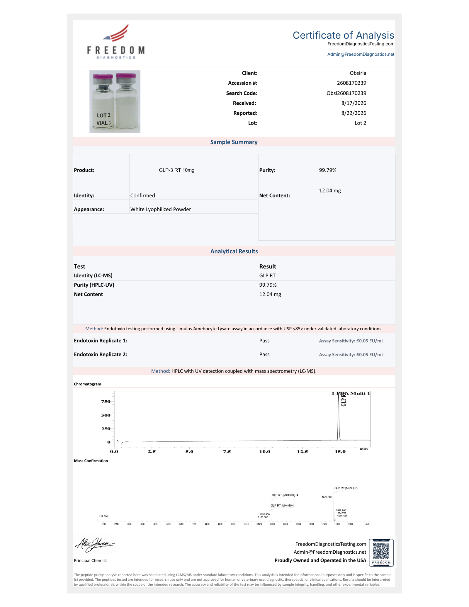Freedom Diagnostics certificate of analysis, lot R-2 · July 2026